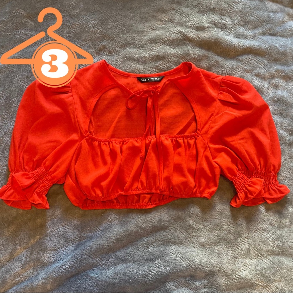 SHEIN Puff Sleeve Crop Top, Red, Tie Front, Size Small